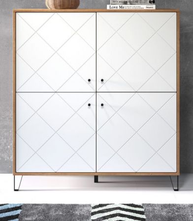 Highboard Linea in wei� matt mit Rautenoptik und Eiche Artisan Anrichte 123 x 136 cm