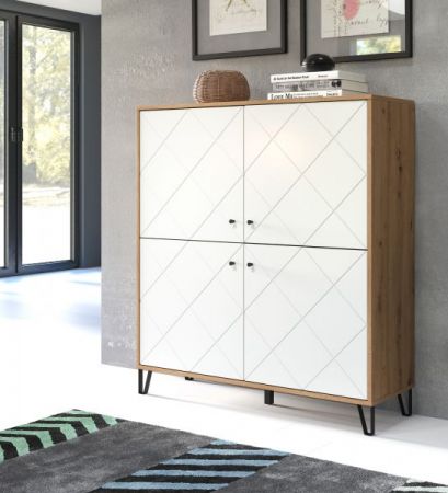 Highboard Linea in wei� matt mit Rautenoptik und Eiche Artisan Anrichte 123 x 136 cm