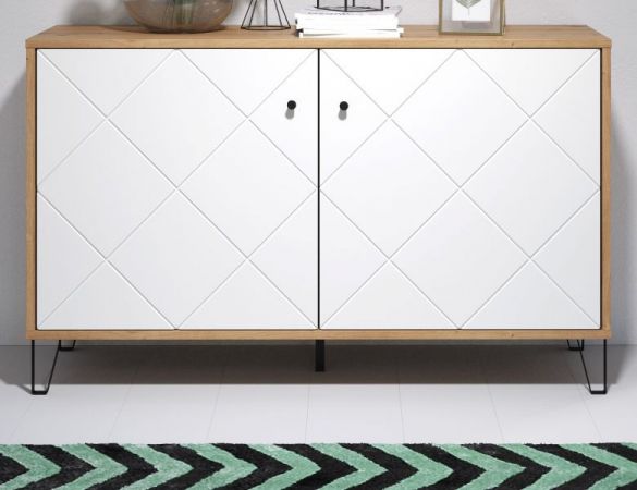 Kommode Linea in wei� matt mit Rautenoptik und Eiche Artisan Sideboard 123 cm