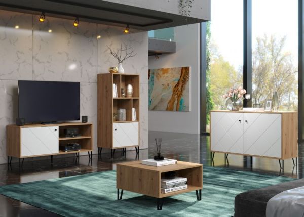 Kommode Linea in wei� matt mit Rautenoptik und Eiche Artisan Sideboard 123 cm