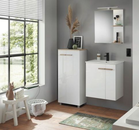 Waschbeckenunterschrank MIT Waschbecken Dense in wei� Lack Hochglanz und Eiche Waschtisch Set h�ngend 60 cm
