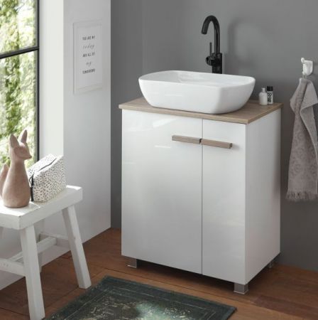 Waschbeckenunterschrank MIT Waschbecken Dense in wei� Lack Hochglanz und Eiche Waschtisch Set h�ngend / stehend 60 cm
