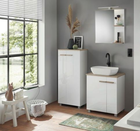 Badezimmer Spiegel Dense in wei� Lack Hochglanz und Eiche Badspiegel mit Ablage 60 x 65 cm