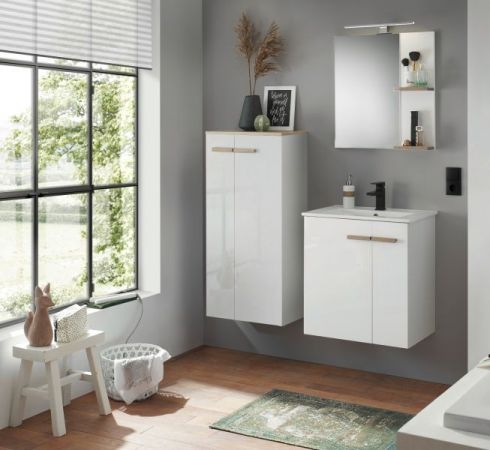 Badm�bel Set Dense in wei� Hochglanz Lack und Eiche Badkombination MIT Waschbecken und Badlampe 60 x 200 cm