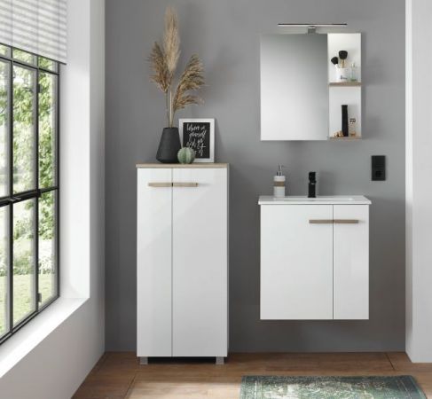 Badm�bel Set Dense in wei� Hochglanz Lack und Eiche Badkombination MIT Waschbecken und Badlampe 60 x 200 cm