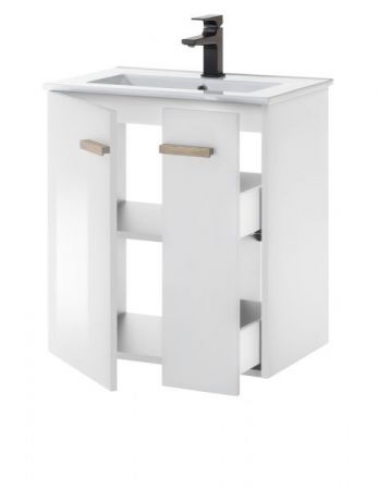 Badm�bel Set Dense in wei� Hochglanz Lack und Eiche Badkombination MIT Waschbecken und Badlampe 60 x 200 cm