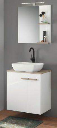 Badm�bel Set Dense in wei� Hochglanz Lack und Eiche Badkombination MIT Waschbecken und Badlampe 60 x 200 cm h�ngend / stehend