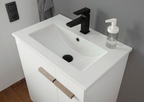 Badm�bel Set Dense in wei� Hochglanz Lack und Eiche Badkombination MIT Waschbecken und Badlampe 130 x 200