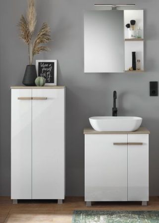 Badm�bel Set Dense in wei� Hochglanz Lack und Eiche Badkombination MIT Waschbecken und Badlampe 130 x 200 h�ngend / stehend