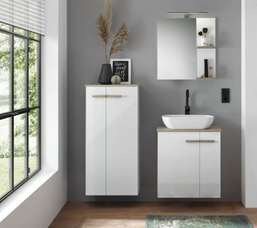 Badm�bel Set Dense in wei� Hochglanz Lack und Eiche Badkombination MIT Waschbecken und Badlampe 130 x 200 h�ngend / stehend