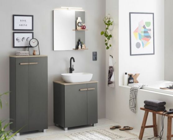 Badezimmer Kommode Dense in anthrazit matt und Eiche Midischrank h�ngend / stehend 51 x 110 cm