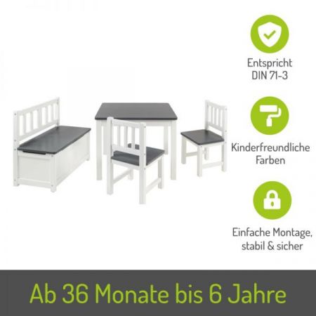 BOMI� Kindersitzgruppe Anna in wei� und grau Sitzgruppe Kindertisch, Truhenbank und 2 x Stuhl