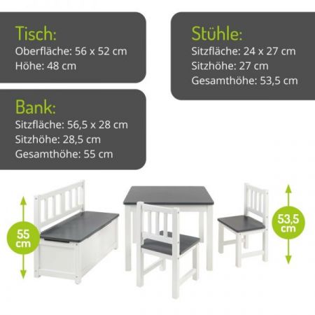 BOMI� Kindersitzgruppe Anna in wei� und grau Sitzgruppe Kindertisch, Truhenbank und 2 x Stuhl