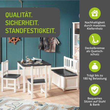 BOMI� Kindersitzgruppe Anna in wei� und grau Sitzgruppe Kindertisch, Truhenbank und 2 x Stuhl