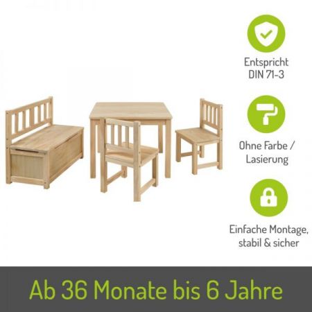 BOMI� Kindersitzgruppe Anna in Kiefer naturbelassen Sitzgruppe Kindertisch, Truhenbank und 2 x Stuhl