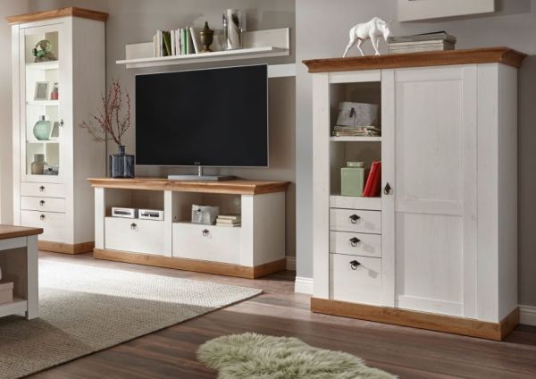 Wohnwand Hemsby in wei� Pinie und Eiche Wotan Landhaus Schrankwand 4-teilig 356 x 204 cm