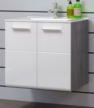 Waschbeckenunterschrank MIT Waschbecken Riva in wei� Hochglanz und Rauchsilber grau Waschtisch h�ngend 62 x 59 cm