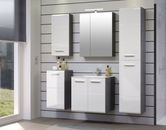Waschbeckenunterschrank MIT Waschbecken Riva in wei� Hochglanz und Rauchsilber grau Waschtisch h�ngend 62 x 59 cm