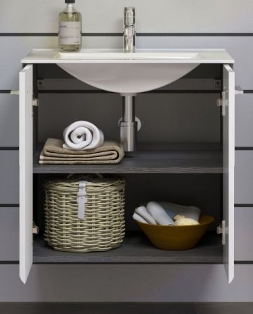 Waschbeckenunterschrank MIT Waschbecken Riva in wei� Hochglanz und Rauchsilber grau Waschtisch h�ngend 62 x 59 cm