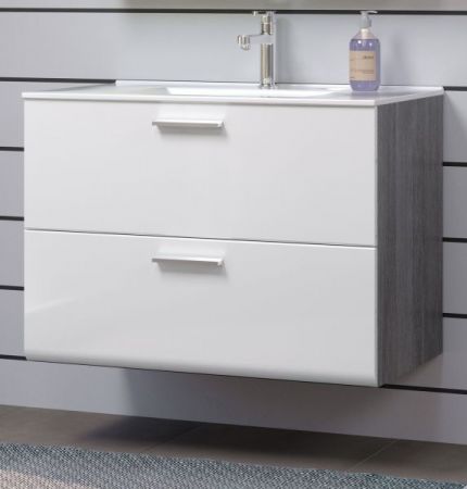 Waschbeckenunterschrank MIT Waschbecken Riva in wei� Hochglanz und Rauchsilber grau Waschtisch h�ngend 82 x 59 cm