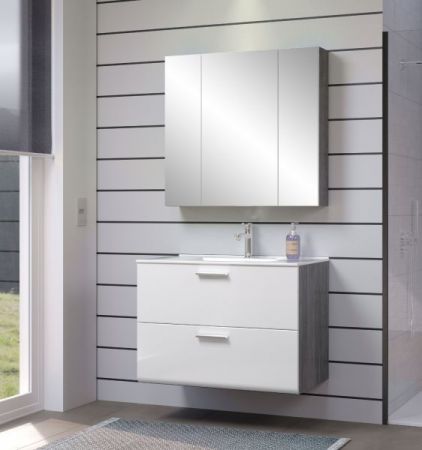 Waschbeckenunterschrank MIT Waschbecken Riva in wei� Hochglanz und Rauchsilber grau Waschtisch h�ngend 82 x 59 cm
