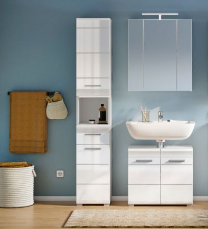 Badezimmer Hochschrank Leon in wei� Hochglanz Badschrank 30 x 182 cm
