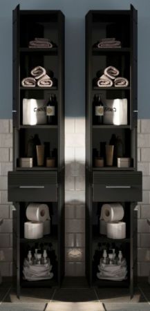 Badezimmer Hochschrank Leon in schwarz Hochglanz Badschrank 30 x 182 cm