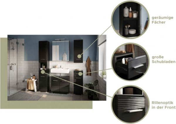 Badezimmer Spiegelschrank Leon in schwarz Badschrank 3-t�rig 60 x 70 cm