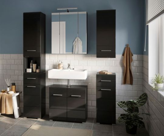 Badm�bel Set 2-teilig Leon in schwarz Hochglanz Badkombination 60 x 182 cm
