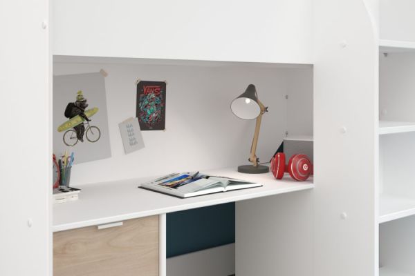 Parisot Hochbett Tom in wei� und Jackson Eiche Jugendzimmer Bett mit Schreibtisch und Kleiderschrank