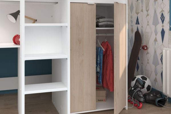 Parisot Hochbett Tom in wei� und Jackson Eiche Jugendzimmer Bett mit Schreibtisch und Kleiderschrank