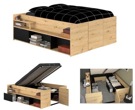 Parisot Stauraumbett Travel in Eiche Artisan und schwarz Hochbett Liegefl�che 140 x 200 cm