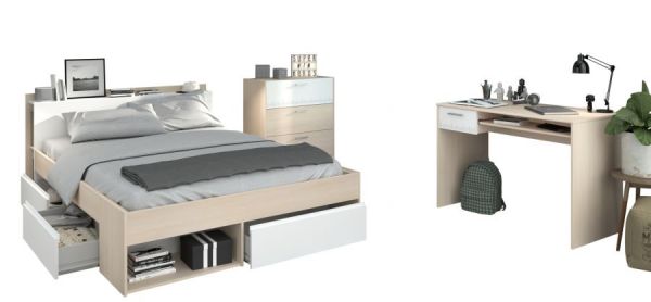 Parisot Schlafzimmer Set Toms in Akazie und wei� Komplettzimmer mit Stauraumbett, Kommode und Schreibtisch