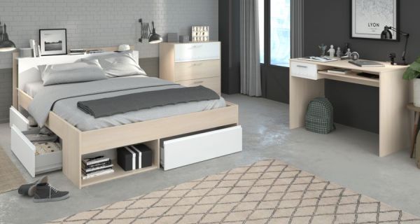 Parisot Jugendzimmer Set Toms in Akazie und wei� Komplettzimmer mit Stauraumbett, Kommode und Schreibtisch