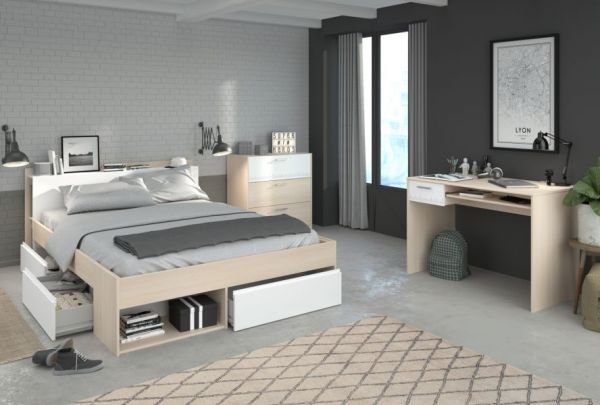 Parisot Jugendzimmer Set Toms in Akazie und wei� Komplettzimmer mit Stauraumbett, Kommode und Schreibtisch