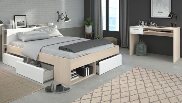 Parisot Schlafzimmer komplett Most Akazie und wei�, Set mit Stauraumbett (160 x 200) und Schreibtisch
