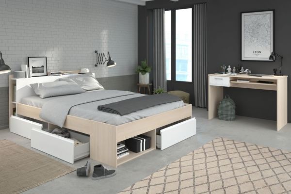 Parisot Schlafzimmer komplett Most Akazie und wei�, Set mit Stauraumbett (160 x 200) und Schreibtisch