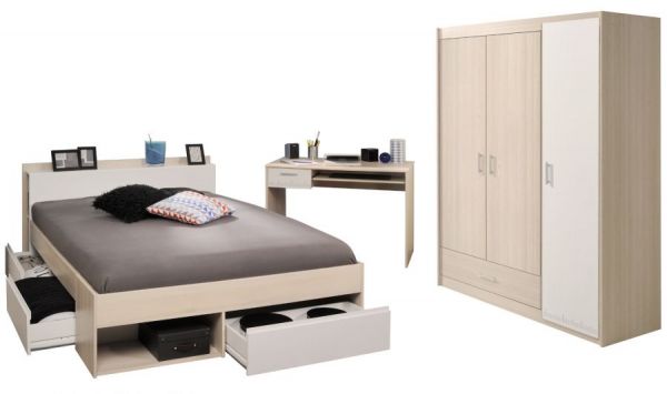 Parisot Kinder und Jugend Schlafzimmer komplett Set Most Akazie und wei�, Set mit Stauraumbett 140x200, Kleiderschrank und Schreibtisch