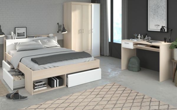 Parisot Schlafzimmer komplett Most74 in Akazie und wei� Komplettzimmer mit Stauraumbett, Kleiderschrank und Schreibtisch