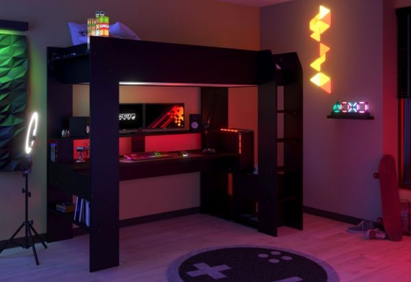 Hochbett Online in schwarz Gaming Jugendzimmer Bett mit Schreibtisch inkl. LED Beleuchtung mit Farbwechsel