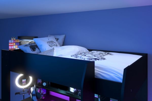 Hochbett Online in schwarz Gaming Jugendzimmer Bett mit Schreibtisch inkl. LED Beleuchtung mit Farbwechsel