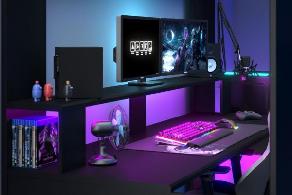 Hochbett Online in schwarz Gaming Jugendzimmer Bett mit Schreibtisch inkl. LED Beleuchtung mit Farbwechsel