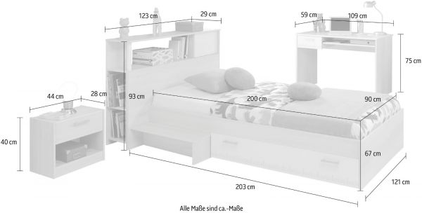 Parisot Kinder- und Jugendzimmer Charly11 in Akazie und wei� Set 4-teilig mit Bett, Regal, Nachttisch und Schreibtisch