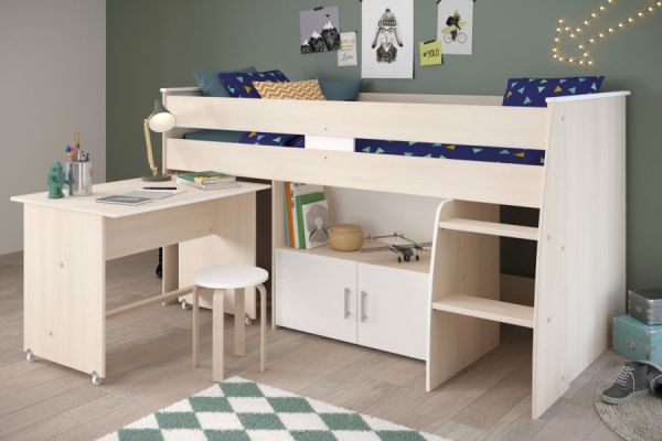 Parisot Hochbett Charly4 in Akazie und wei� Kinder- und Jugendzimmer Bett mit Schreibtisch