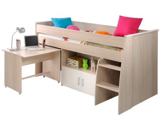 Parisot Hochbett Charly4 in Akazie und wei� Kinder- und Jugendzimmer Bett mit Schreibtisch