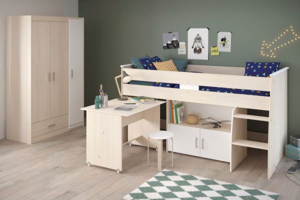 Parisot Kinder- und Jugendzimmer Charly6 in Akazie und wei� Set inklusive Kleiderschrank und Hochbett mit Schreibtisch
