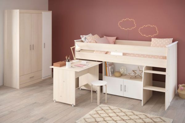 Parisot Kinder- und Jugendzimmer Charly6 in Akazie und wei� Set inklusive Kleiderschrank und Hochbett mit Schreibtisch