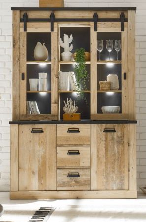 Buffetschrank Stove in Used Wood hell und anthrazit Vitrinenschrank 133 x 201 cm