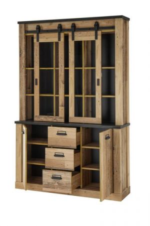 Buffetschrank Stove in Used Wood hell und anthrazit Vitrinenschrank 133 x 201 cm