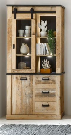 Esszimmer Set Stove in Used Wood hell und anthrazit Speisezimmer 3-teilig mit Esstisch, Vitrine und Sideboard